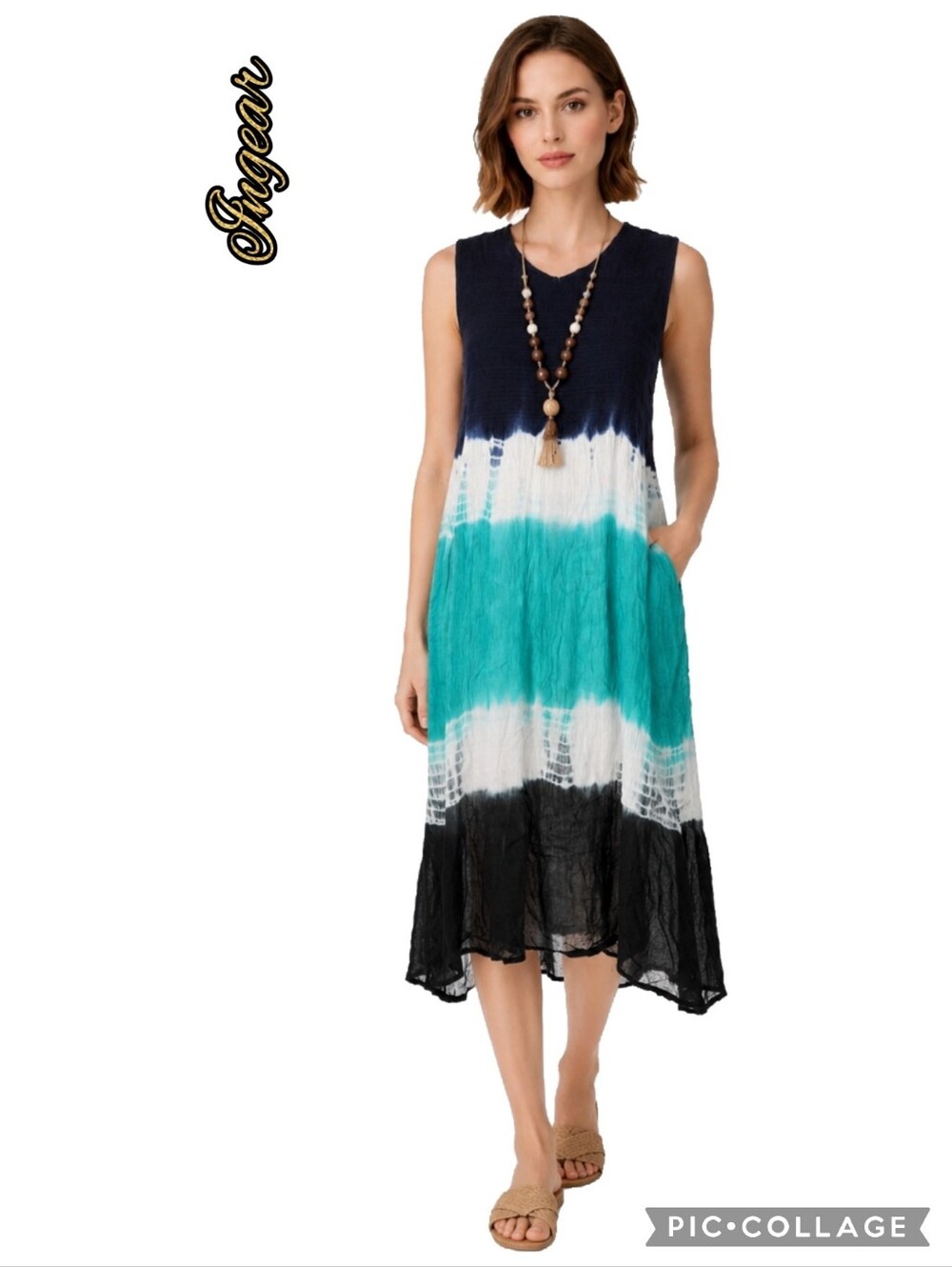 Ingear sleeveless tie-dye tiered midi dress in teal, blue & white soft fabric